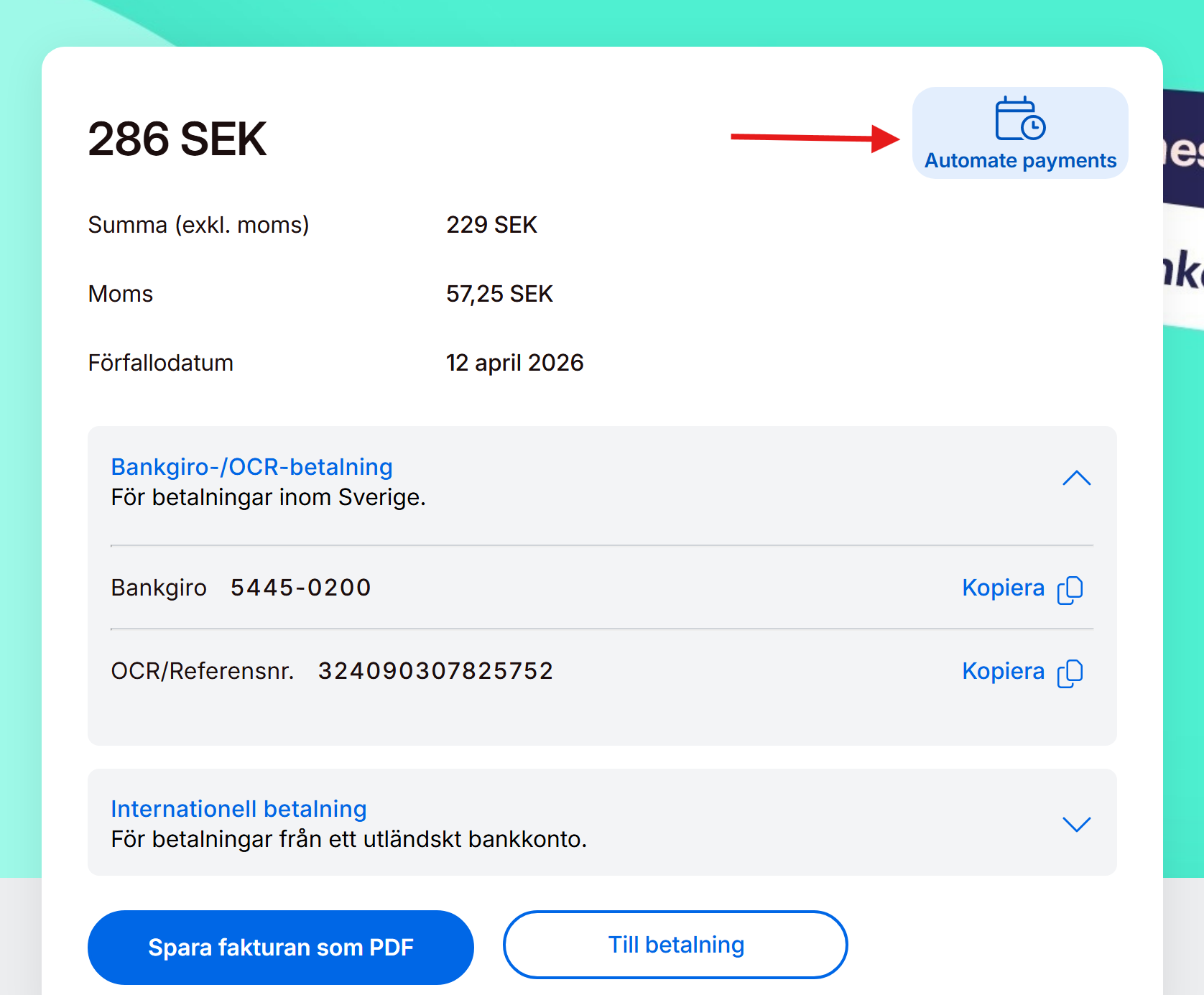 Guide: Kortbetalning -Välj automatiska betalningar