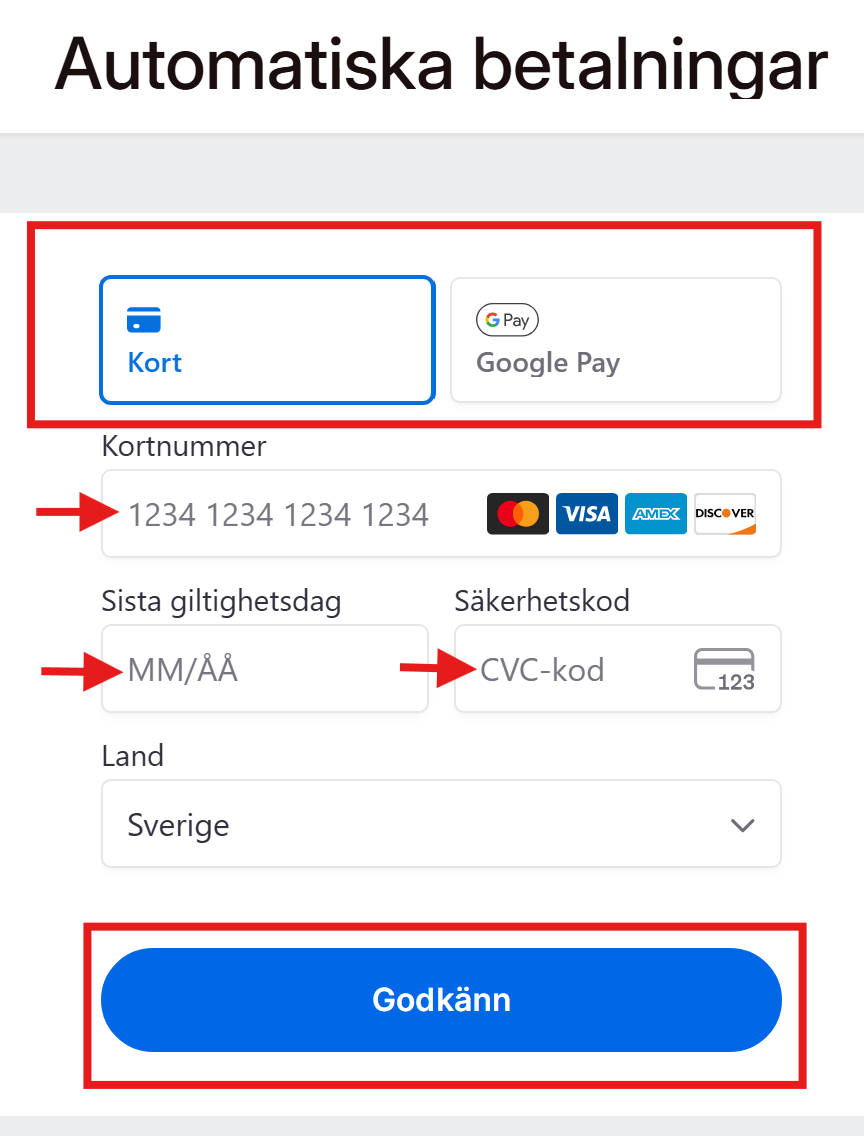 Guide: Kortbetalning - Lägg in kort eller Google Pay
