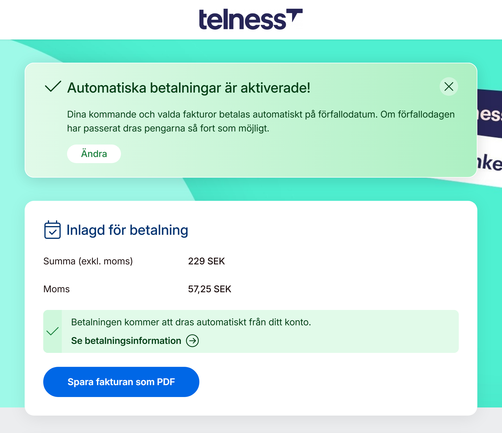 Guide: Kortbetalning - Automatiska betalningar bekräftad